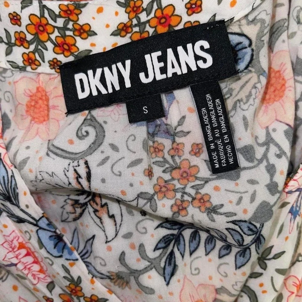 DKNY Jeans Womens Floral V-Neck Blouse Long Sleeve Orange Blue White Top L - Picture 4 of 4